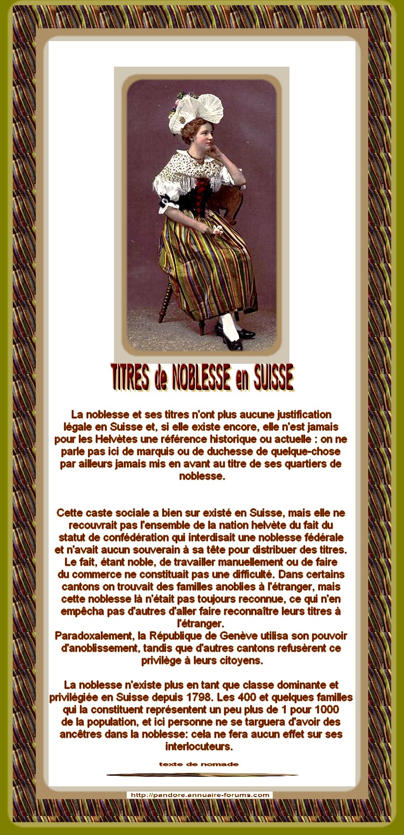 SUISSE - TITRES DE NOBLESSE N'ONT AUCUNE JUSTIFICATION LEGALE  13011011464415723410748976