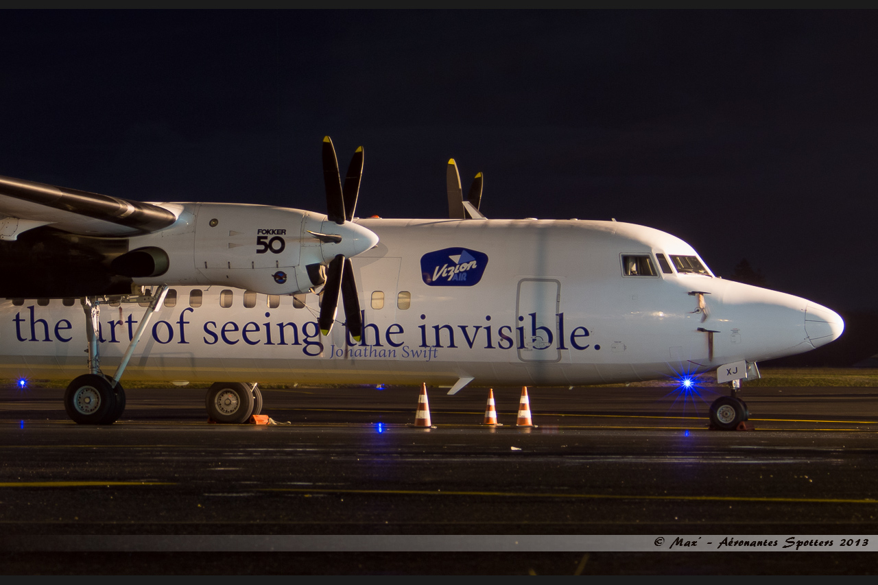 [23/01/2013] Fokker 50 (PH-JXJ) Denim Airways: "Vizion is the art of seeing the invisible" c/s     13012302331315922510790029