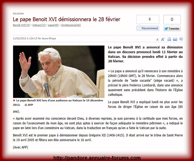 Le pape Benoît XVI a annoncé sa démission dans un discours prononcé lundi 11 février au Vatican. Sa décision prendra effet à partir du 28 février. 13021112354315723410854674
