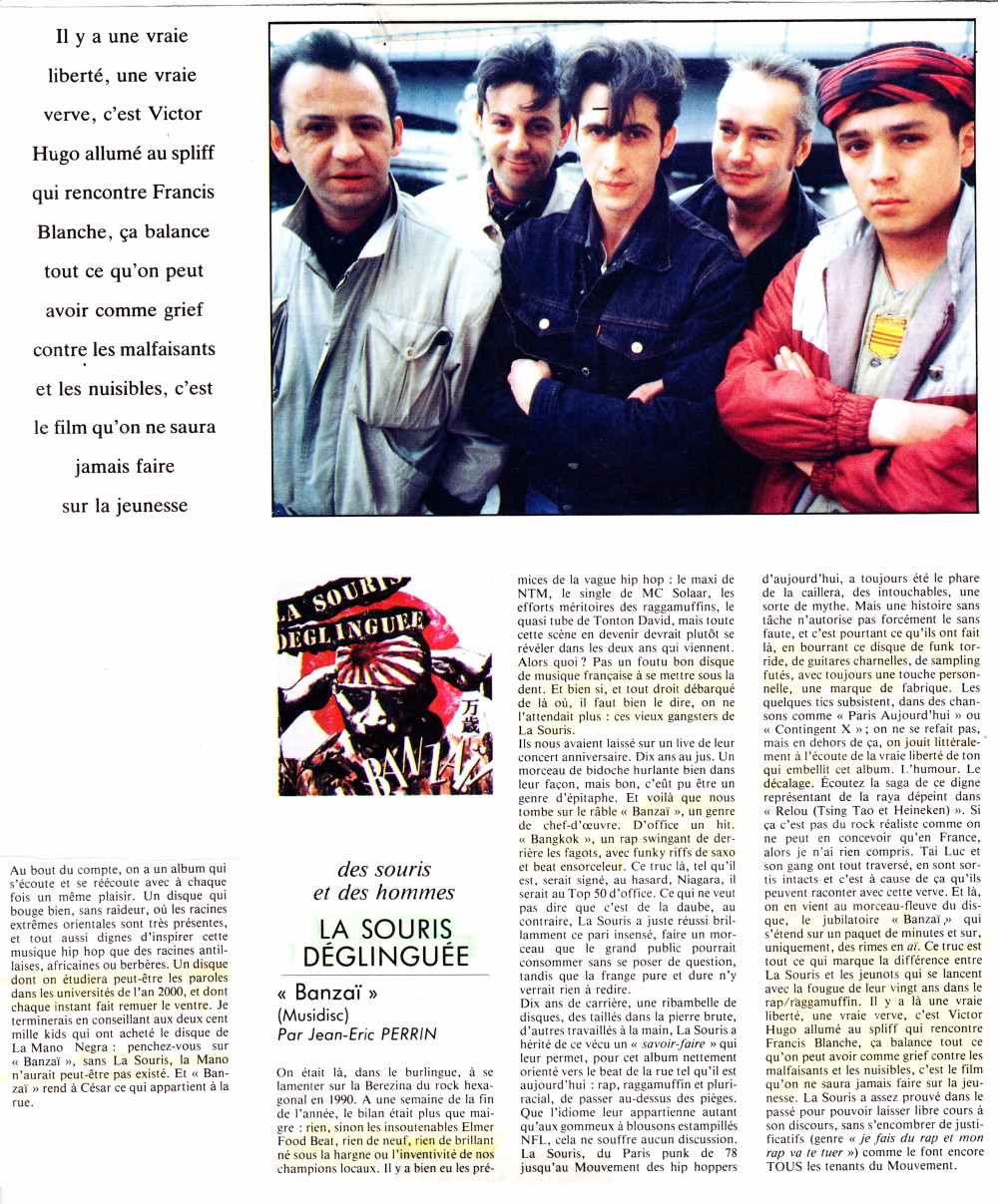 Chronique de l'album "BANZAï !" de LA SOURIS DÉGLINGUÉE par JEAN-ÉRIC PERRIN ("Best", janvier 1991) 13083007123816724011510830