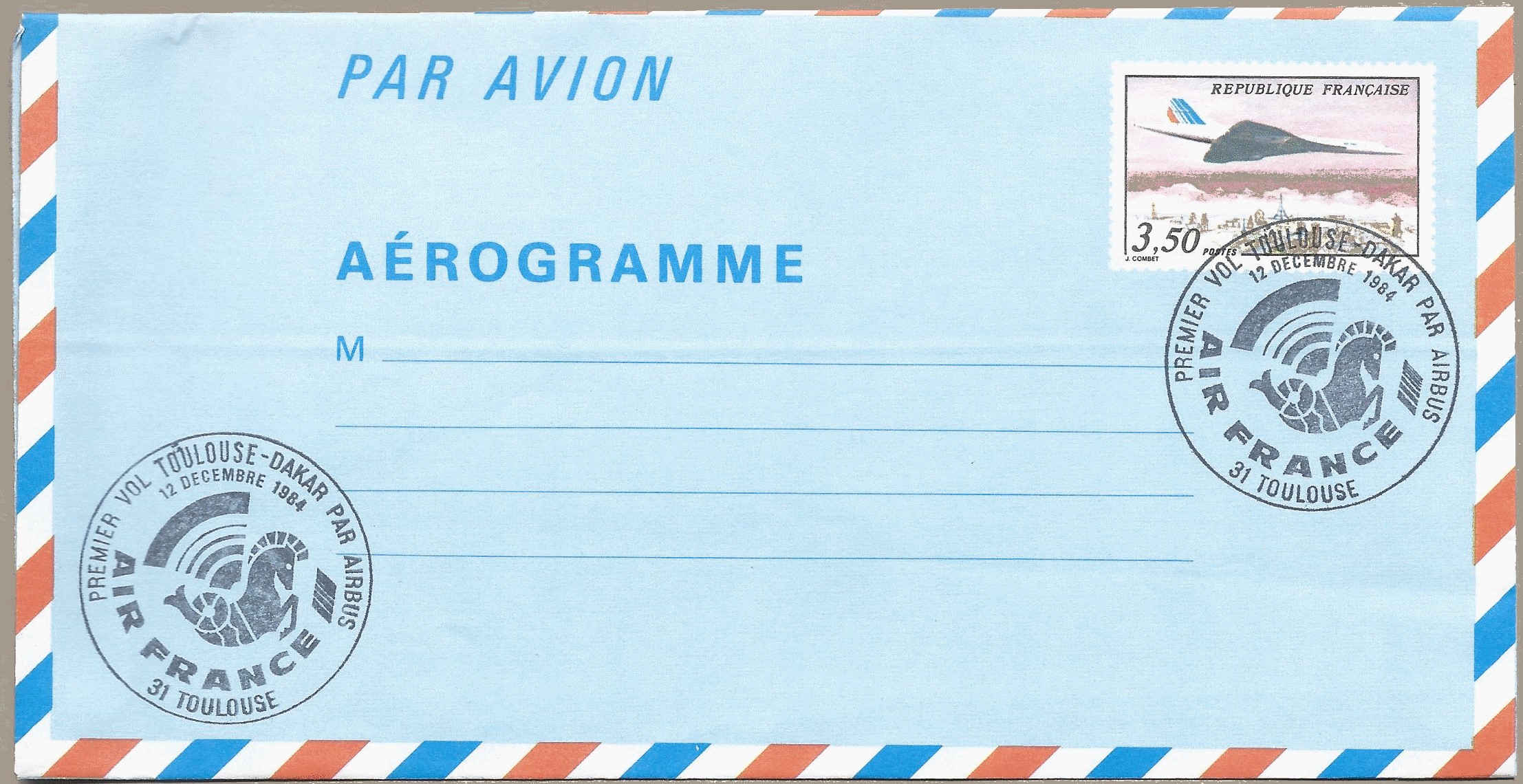 Enveloppe 1er Vol AÃ©rogramme 001 Airbus Transparente