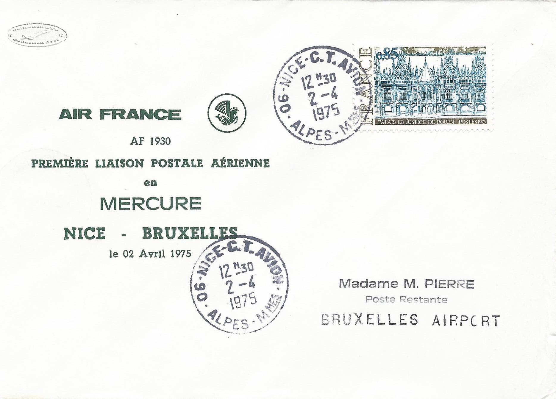 Web-Air France Enveloppe 1Ã¨re Liaison Bruxelles Postale en Mercure 001 Filigrane