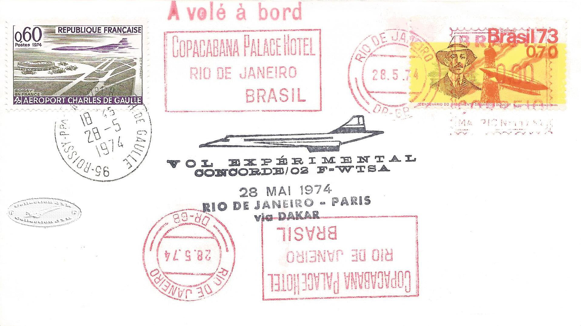 Enveloppe Vol Concorde 280574. Rio Paris via Dakar 001Filigrane