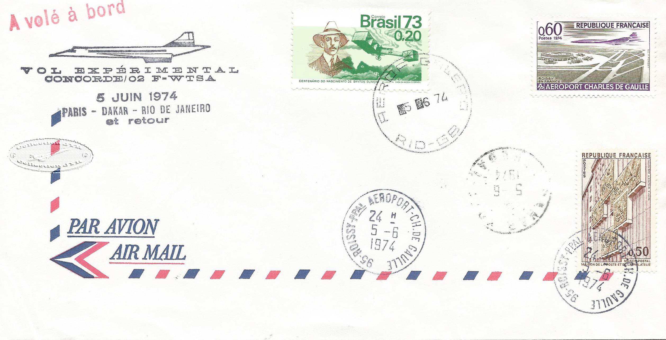 Enveloppe Concorde F-WTSA Paris Dakar Rio 050674 Filigrane