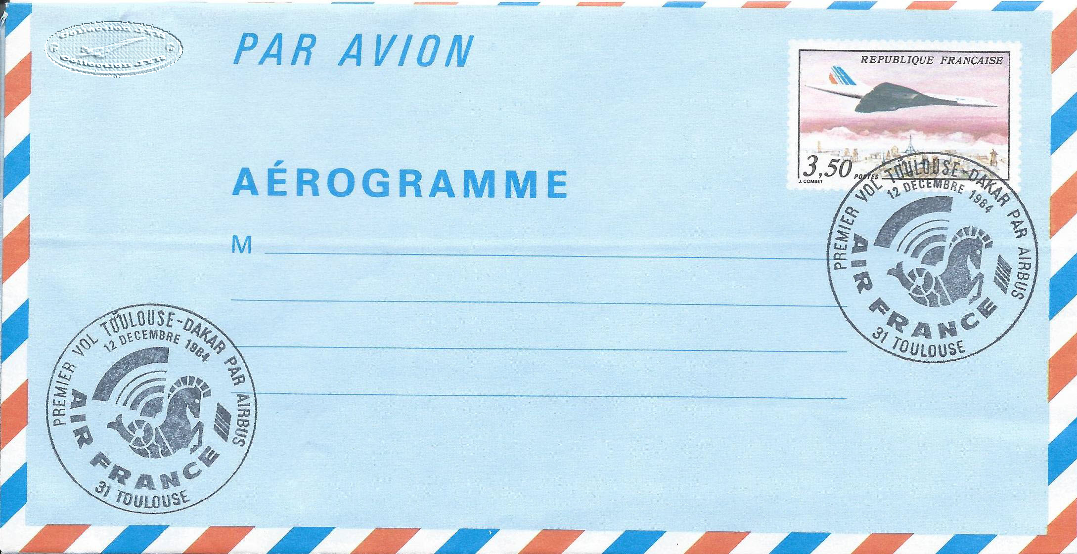 Enveloppe Toulouse Dakar 1er Vol Airbus 12 DÃ©cembre 1984 Filigrane
