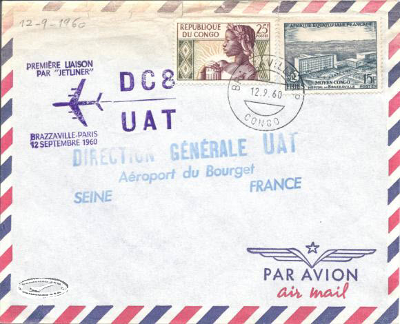 Web- Lettre UAT DC8 1er Vol Brazzaville Paris 120960 001 Filigrane