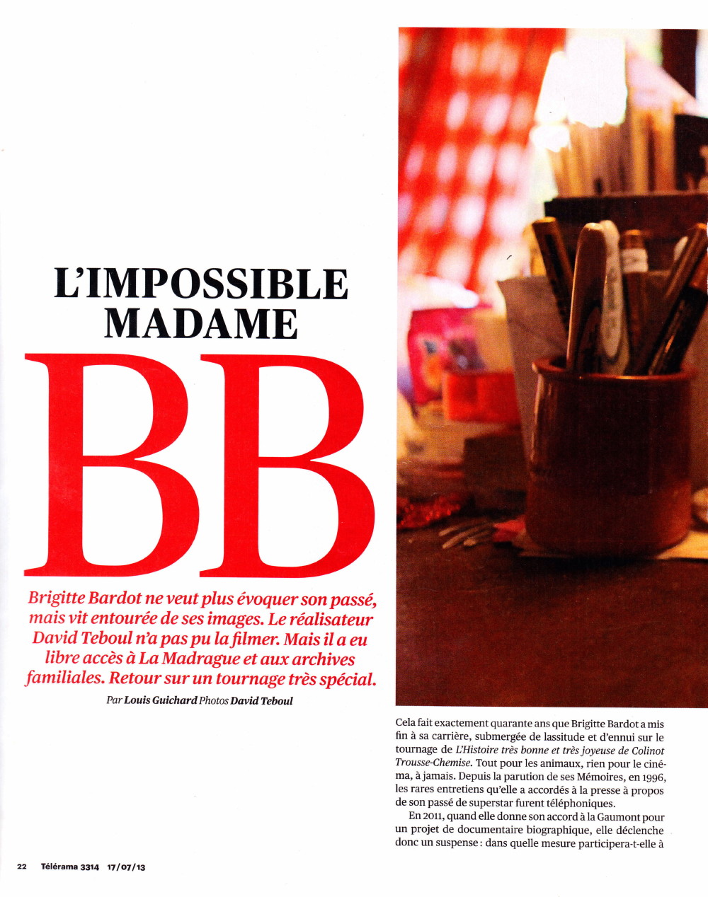 "À la recherche de Brigitte Bardot" ("Télérama", juillet 2013), à propos du documentaire "Bardot, la méprise" de David Teboul 13112807042416724011774321