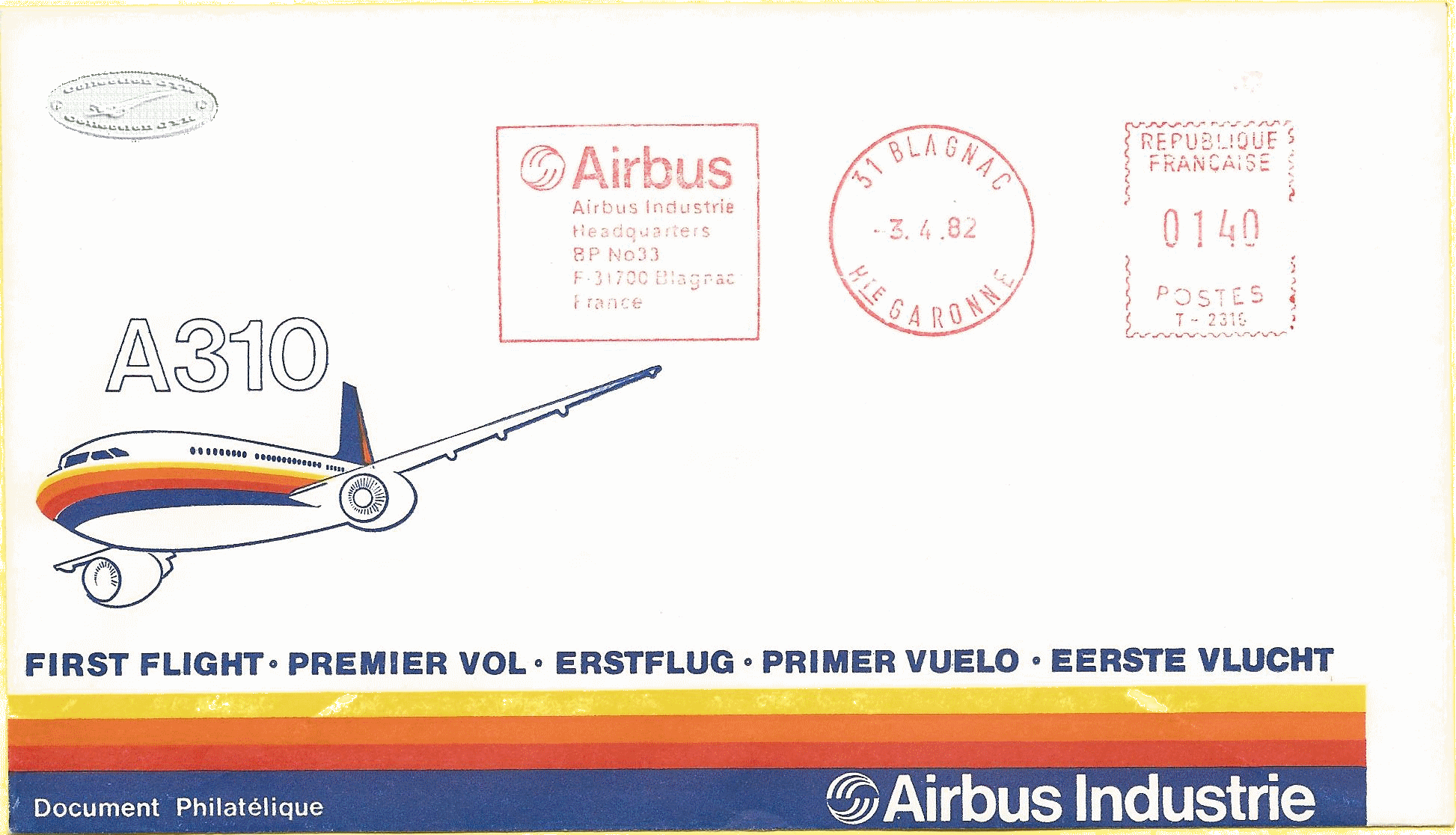 Enveloppe 1er Vol Airbus A 310 1982 CadrÃ©eF