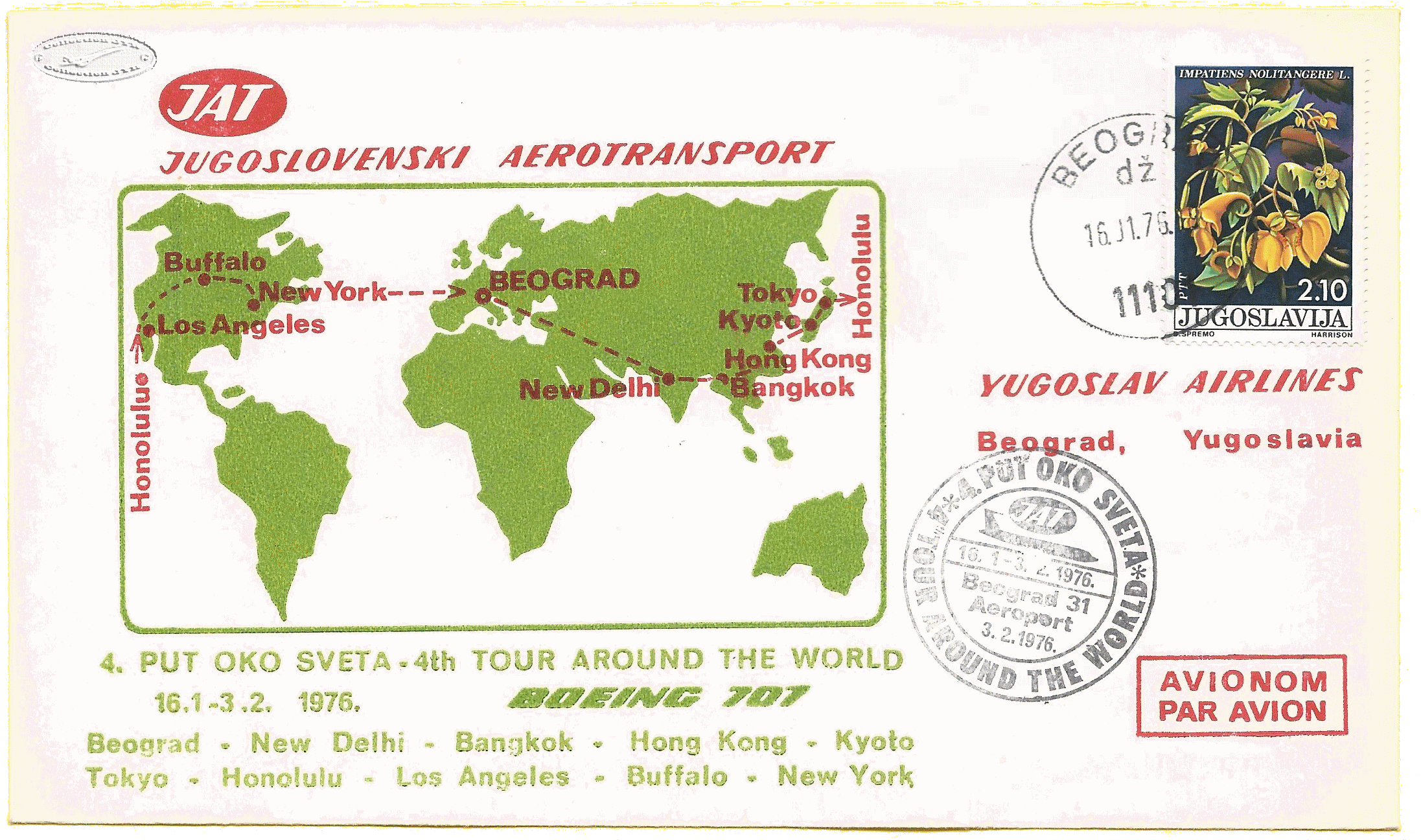 Enveloppe Tour du Monde 01 1976 JAT TF