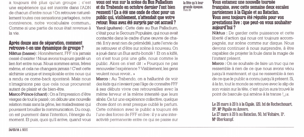 Interview de FFF "REBIRTH SPRING TOUR 2014" dans "A nous Paris" (24 au 30 mars 2014) 14032411505516724012094686