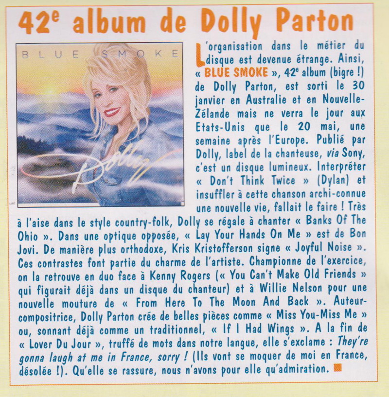 DOLLY PARTON, CD "Blue Smoke" (2014) : chronique détaillée 14060903500816724012302710