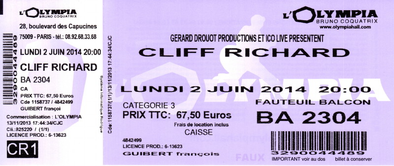 CLIFF RICHARD, show "STILL REELIN' AND A-ROCKIN'" + album "THE FABULOUS ROCK'N'ROLL SONGBOOK" le 2 juin 2014 à l'OLYMPIA (Paris) : compte rendu 14062106412116724012334566