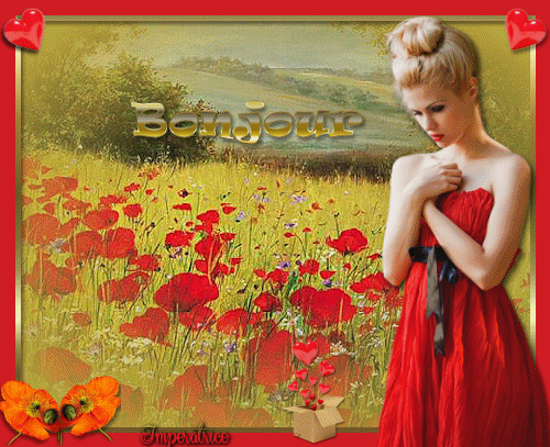 Bonjour femme aux coquelicots et coeurs