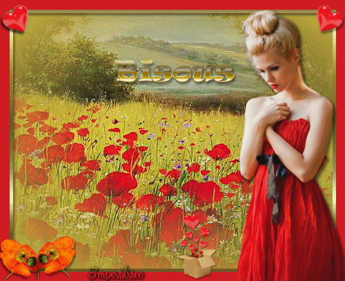 bisous femme aux coquelicots et coeurs