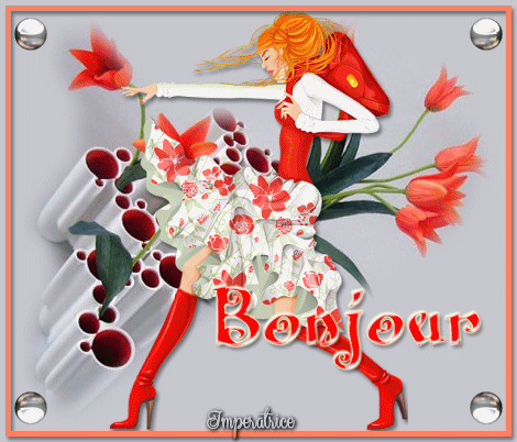 bonjour femme aux tulipes rouges