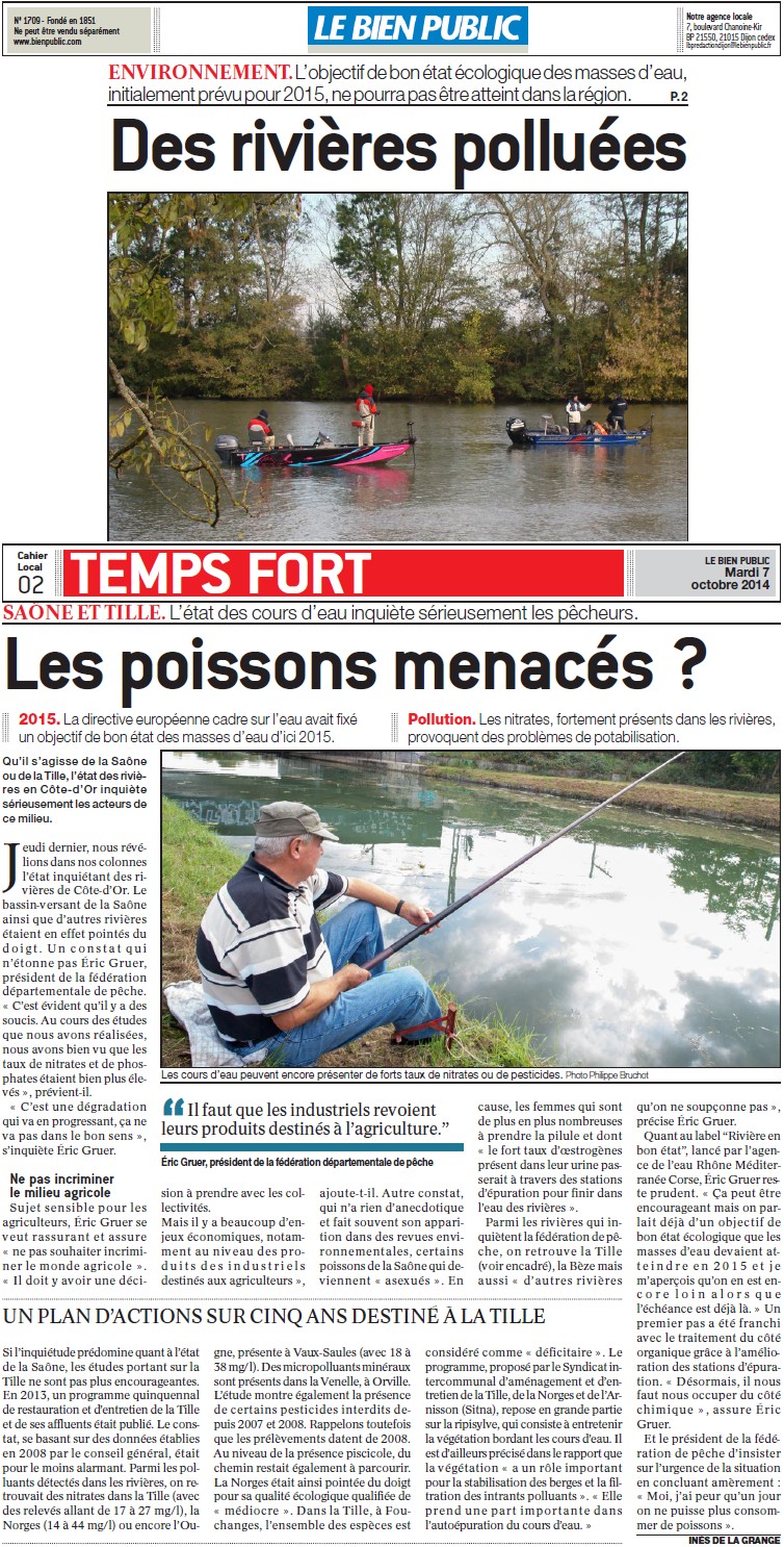 Pesticides en rivière, la pollution qui ne recule pas + Des rivières polluées, les poissons menacés ? (Bien Public) 14101605283117936712617230