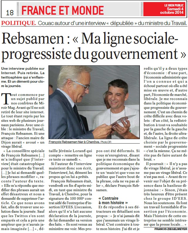 François Rebsamen : " Je me bats depuis longtemps pour une vision libérale de l'économie " (Le Miroir) + François Rebsamen fait dépublier une interview gênante (Médiapart) + Divers 14101605352217936712617231