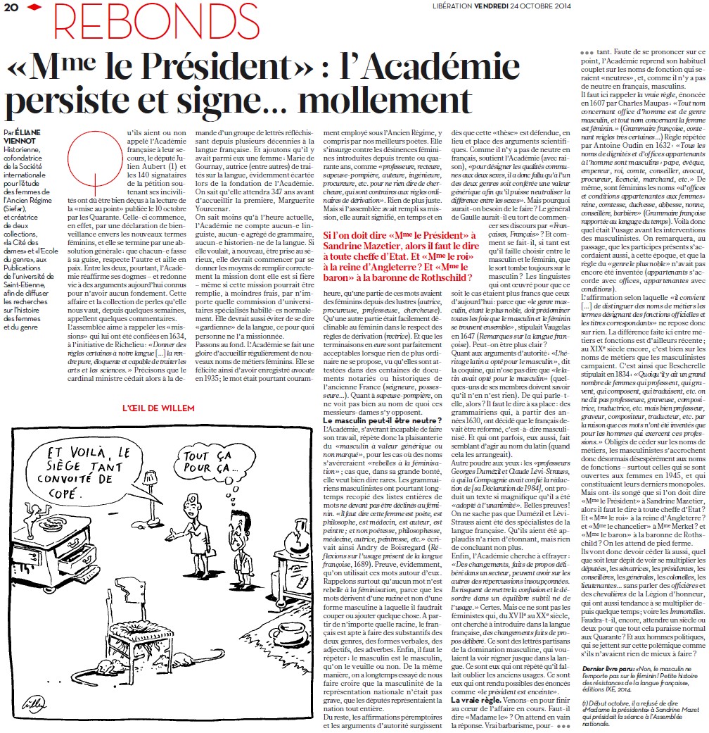 " Mme le Président " : l'Académie persiste et signe... mollement (Libération) 14102410515417936712638935