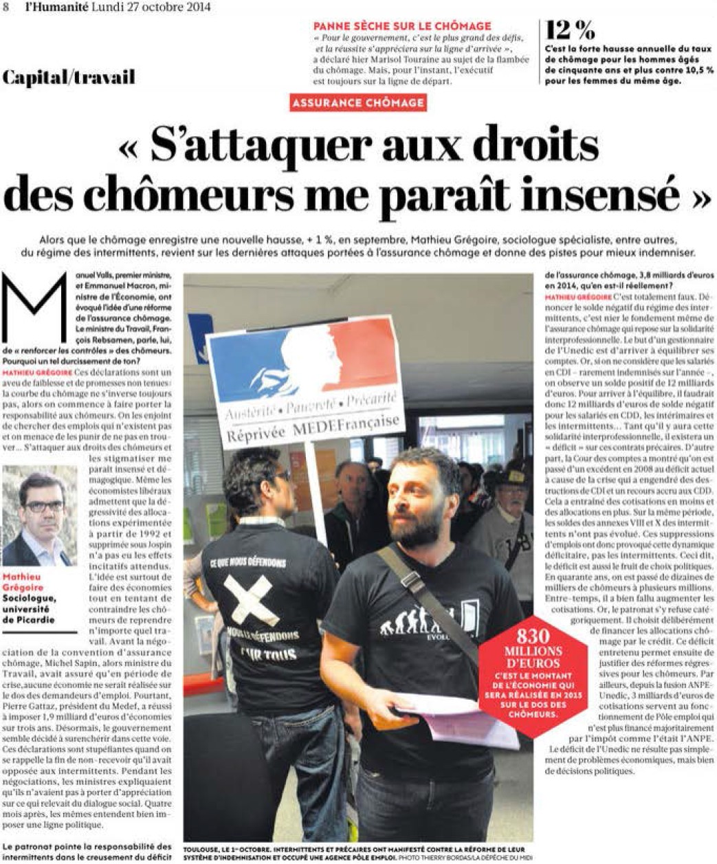 Mathieu Grégoire : " S'attaquer aux droits des chômeurs me paraît insensé " (Humanité) 14102811154717936712651662