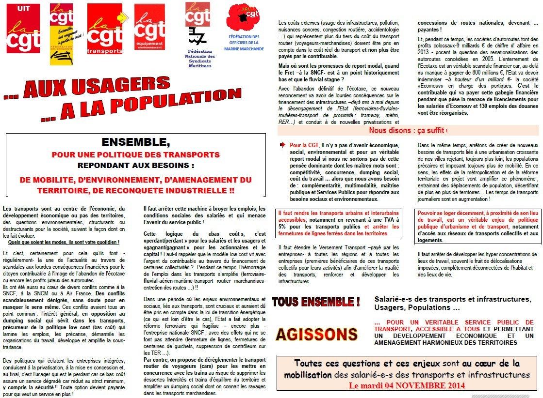 SNCF, RATP. Pourquoi la CGT appelle à la grève (Parisien) + Grève du 4 novembre : Pour un service public de qualité, accessible à tous et répondant aux besoins des usagers (CGT) 14110309131317936712668904