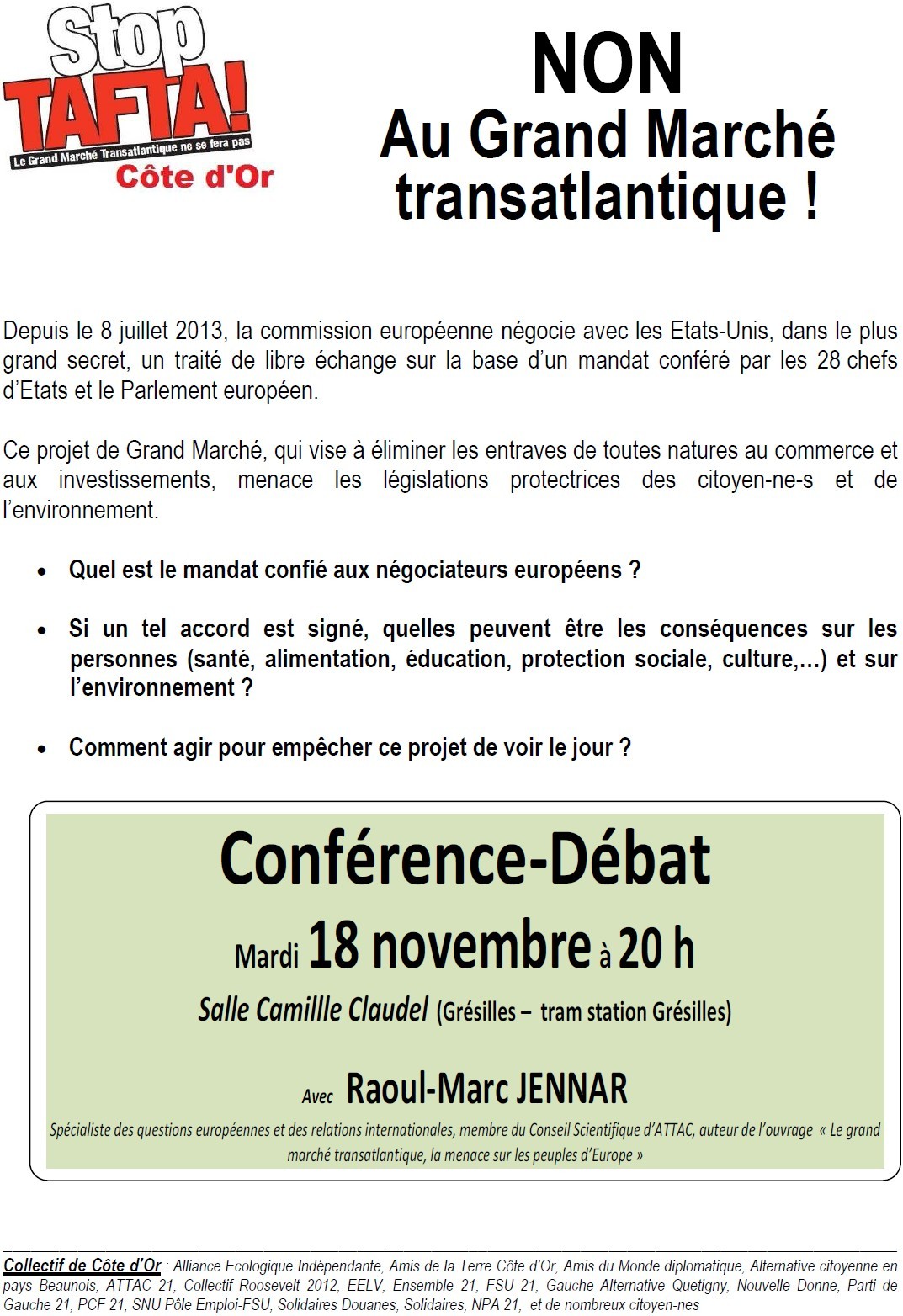 Stop TAFTA Côte-d'Or. Conférence-débat à Dijon mardi 18 novembre à 20 h avec Raoul Marc Jennar 14110706073317936712682388