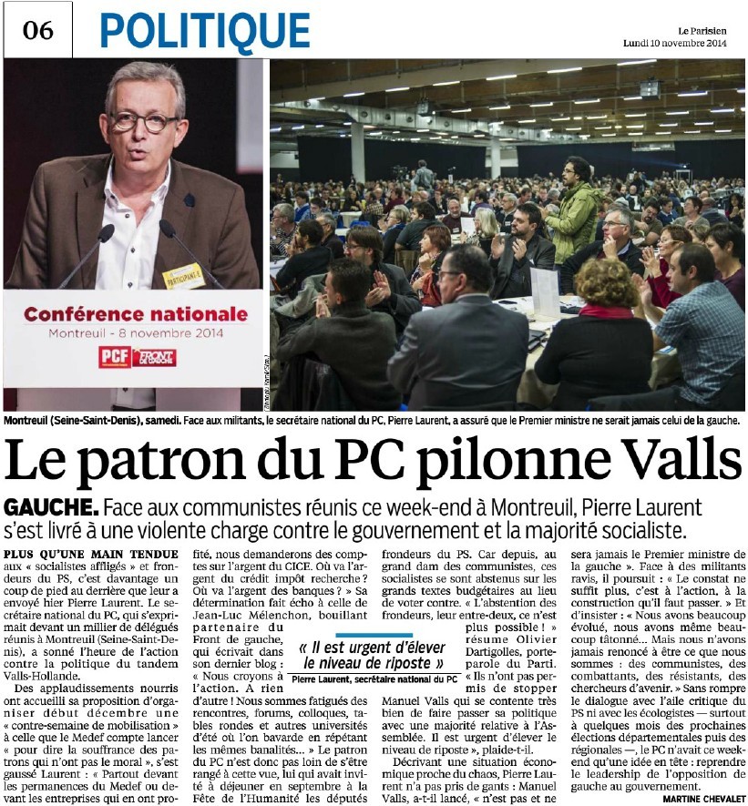 Le patron du PC pilonne Valls (Parisien) + Le PCF envoie les socialistes sur les roses (Libération) 14111008000017936712691201