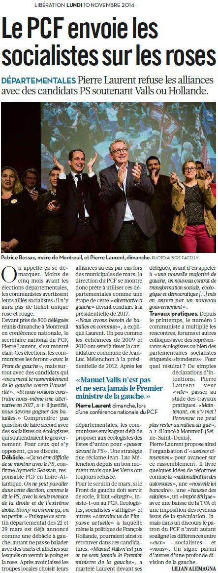 Le patron du PC pilonne Valls (Parisien) + Le PCF envoie les socialistes sur les roses (Libération) 14111010064817936712691353