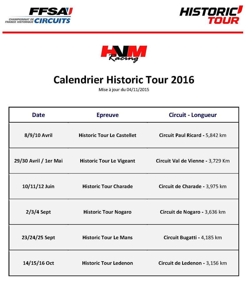 calendrier Historic Tour 2016