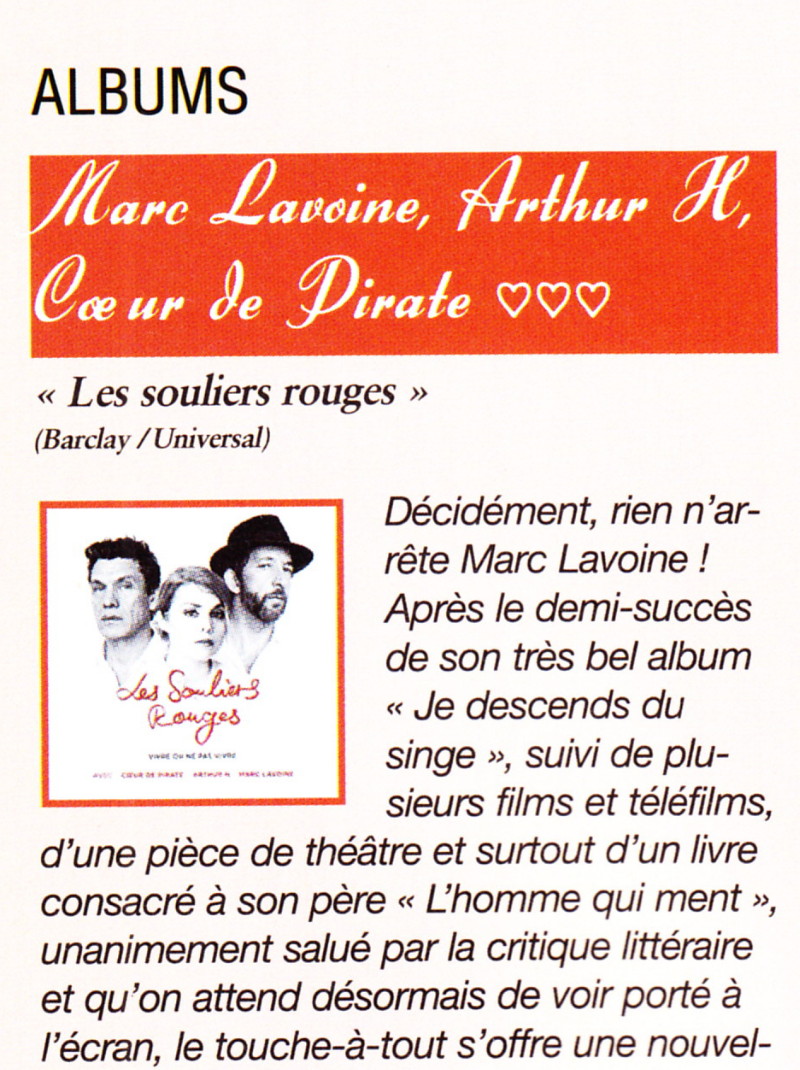 Chronique de l'album "LES SOULIERS ROUGES" (MARC LAVOINE, CŒUR DE PIRATE, ARTHUR H) par ÉRIC CHEMOUNY dans "Platine" (septembre 2016) 16090905472920773814480346